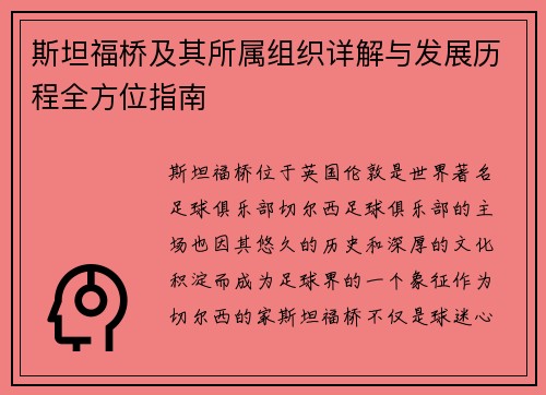 斯坦福桥及其所属组织详解与发展历程全方位指南